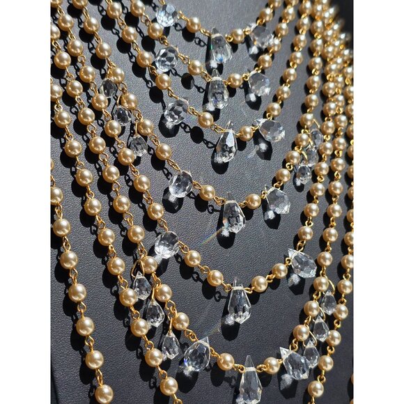 Rare Miriam Haskell 8 Tiered Crystal Gold Tone Faux Pearl Runway Statement - Picture 15 of 16